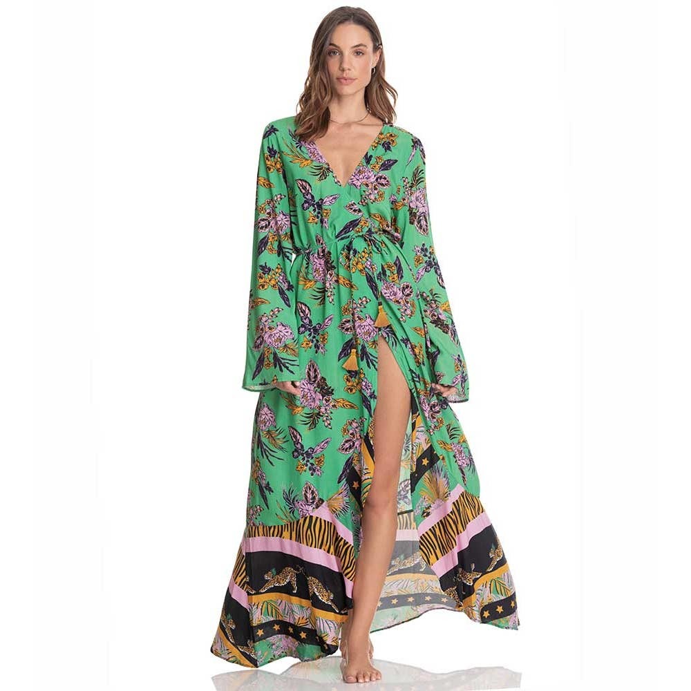 Maaji Anthropologie Herbaceous Moonbow Floral Leopard Maxi Wrap Dress Kimono